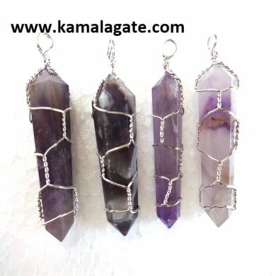 Amethyst Double Point Wire Wrap Pendants (Silver)