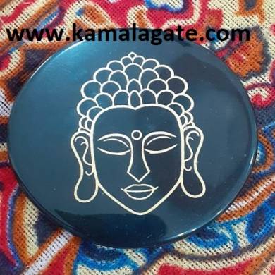 Black Agate Coaster With Engraved Bhuddha Head Reiki Charging Plate