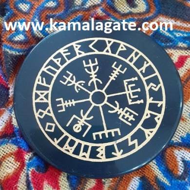 Black Agate Coaster With Engraved Viking Compass Futhark Runes Symbol In Reiki Charging Plate