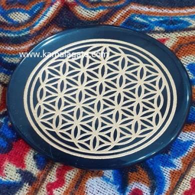 Black Agate Coaster With Engraved Flower of life Reiki Charging Plate