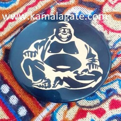 Black Agate Coaster With Engraved Laughing Buddha Reiki Charging Plate