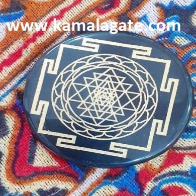 Black Agate Coaster With Engraved Shree Yantra Reiki Charging Plate