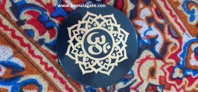 Black Agate Coaster Wth Engraved Om Reiki Charging Plate
