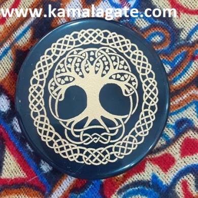 Black Agate Coaster with Engraved Tree Of Life Reiki Charging Plate