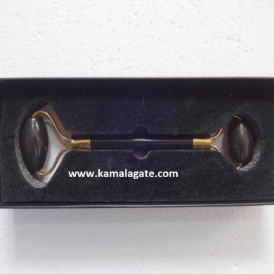 Black Agate Gemstone Massage Roller With Box (Golden)