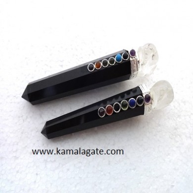 Black Agate  Healing Wand With Crystal Skulls
