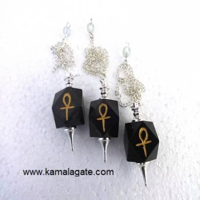 Black Agate Hexagon Ankh Pendulum (SILVER)