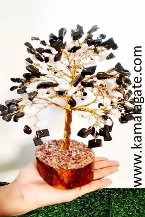 Black Agate & White Quartz Combination Chips Tree with thick Roots