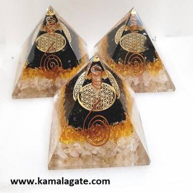 Black Tourmaline Crystal with Citrine Orgone Pyramid Flower Of Life With Copper Coil