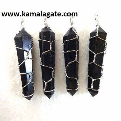 Black Tourmaline Double Point Wire Wrap Pendants (Silver)