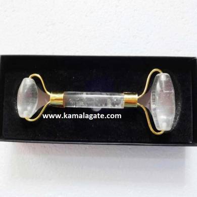 Crystal Quartz Gemstone Massage Roller With Box (Golden)