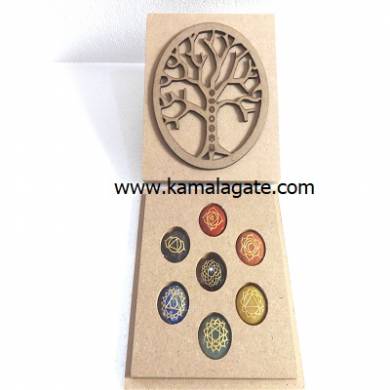 Engraved Gold Painted Orgone Chakra Set with Tree of Life Symbol Box Wooden Symbol Box
