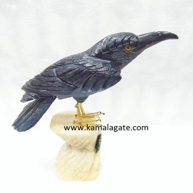 Gemstone Black Obsidean Carved Crow Statue With Stand