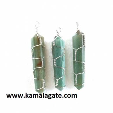 Green Aventurine Double Point Wire Wrap Pendants (Silver)