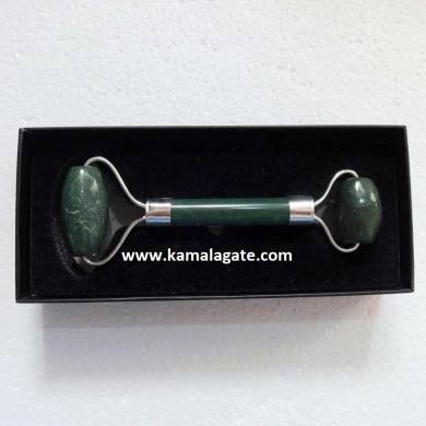 Green Jade Gemstone Massage Roller With Box (Silver)