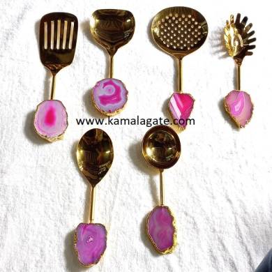 Wholesale Pink Onyx Slice Plated 6 Pcs Cutlery Sets