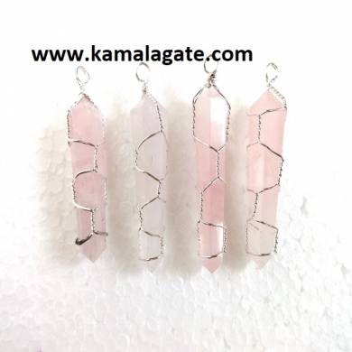 Rose Quartz Double Point Wire Wrap Pendants (Silver)