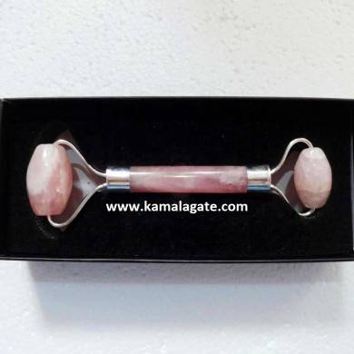 Rose Quartz Gemstone Massage Roller With Box (Silver)