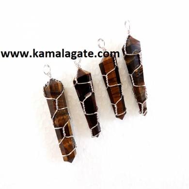 Tiger Eye Double Point Wire Wrap Pendants (Silver)