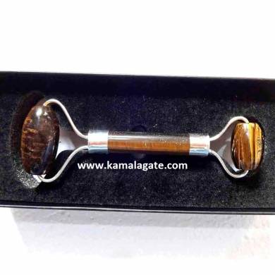 Tiger Eye Gemstone Massage Roller With Box (Silver)