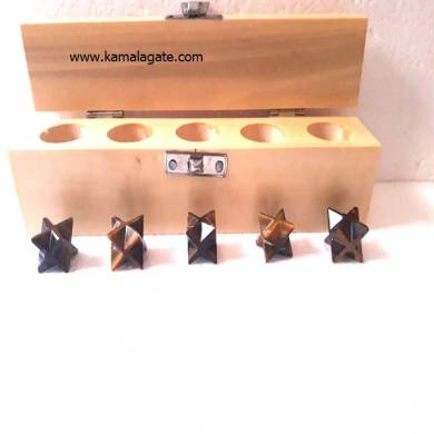 Tiger Eye Merkaba Star Five Pcs Geometry Sets With Wooden Box