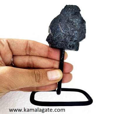 Natural Rough Black Tourmaline Crystal stone display with metal stand