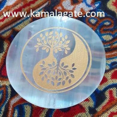 White Selenite Tree of Life Charging Plate Engraved In Golden