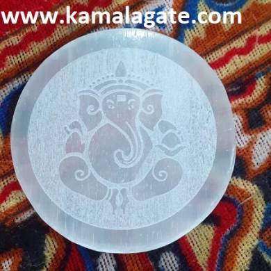 White Selenite Coaster plate with Engraved Ganesh Reiki Charging Plate