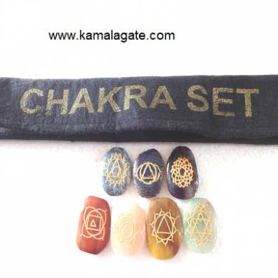 Engraved Palm Stone Chakra Sets With Valvet Purse